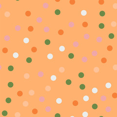 Colorful polka dots seamless pattern on bright 14 background. Good-looking classic colorful polka dots textile pattern. Seamless scattered confetti fall chaotic decor. Abstract vector illustration.