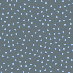 Blue polka dots seamless pattern on grey background. Graceful classic blue polka dots textile pattern in restrained colours. Seamless scattered confetti fall chaotic decor. Vector illustration.