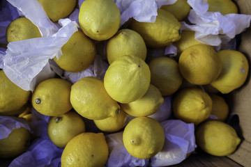 Close-up view group of fresh organic lemon on display at Vegetable and Fruit Stall of Local Farmers...