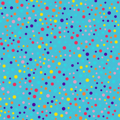 Memphis style polka dots seamless pattern on blue background. Good-looking modern memphis polka dots creative pattern. Bright scattered confetti fall chaotic decor. Vector illustration.