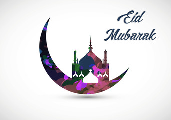 Eid Mubarak greeting card design with digital mosque silhouette on a crescent moon. "Eid Mubarak" literally means Feast of Eid al-Fitr 
