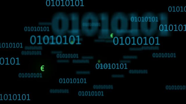 Binary code background. Camera flying through binary numbers and words.