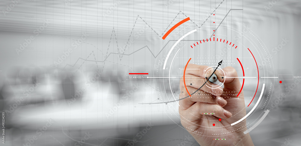 Poster Concept of focus on target with digital diagram,graph interfaces,virtual UI screen,connections netwoork.Hipster finance analist working at trendy office