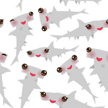 Seamless pattern Cartoon gray Smooth hammerhead Winghead shark Kawaii with pink cheeks and winking eyes positive smiling on white background. Vector