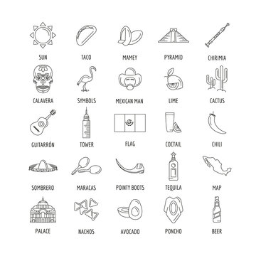 Mexico culture and traditions outline icons set. Mexico objects vector illustration isolated on white background. Elements of Mexico architecture and religion.