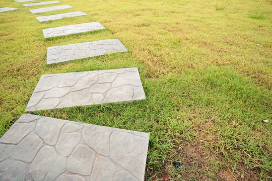 Green Meadow Divided By Rough Stone Walkway,Stamped Concrete