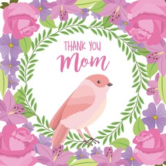 thank you mom card cute bird weath leaves flowers decoration vector illustration