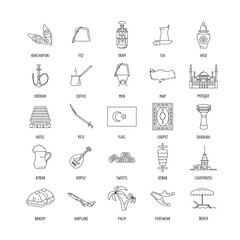 Turkey culture and traditions outline icons set. Turkey objects vector illustration isolated on white background. Element of Turkey architecture and religion.