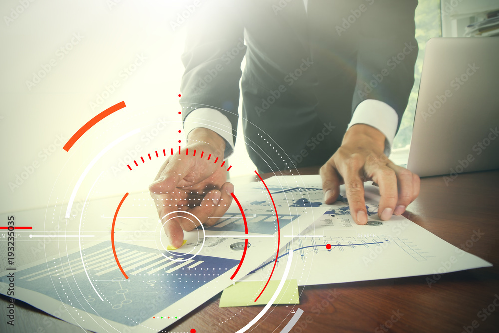 Aufkleber Concept of focus on target with digital diagram,graph interfaces,virtual UI screen,connections netwoork.Hipster finance analist working at trendy office