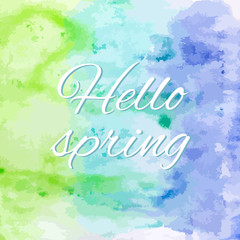 Vector Hello spring banner at violet blue and green watercolor background