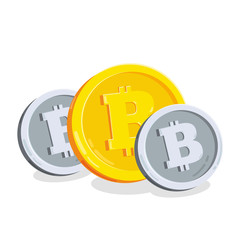 Bitcoin. 2D cartoon bit coin. Digital currency. Cryptocurrency. Golden coins with symbol isolated on white background. Stock vector illustration