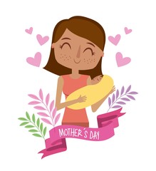 beautiful woman holding baby mothers day ribbon and floral decoration vector illustration