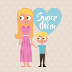 cute cartoon happy woman and little girl super mom card heart vector illustration