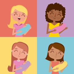 set of cute happy mothers carrying babies in hands vector illustration