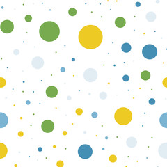 Colorful polka dots seamless pattern on white 12 background. Stunning classic colorful polka dots textile pattern. Seamless scattered confetti fall chaotic decor. Abstract vector illustration.