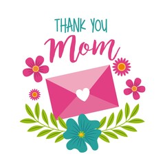 thank you mom message envelope floral decoration icon vector illustration