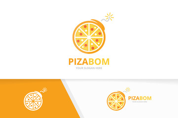 Vector pizza and bomb logo combination. Food and detonate symbol or icon. Unique pizzeria and weapon logotype design template.