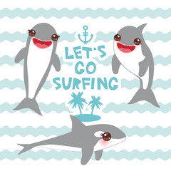 Lets go surfing Cartoon dolphin set. Kawaii with pink cheeks and positive smiling on blue waves sea ocean background. banner template, card design. Vector