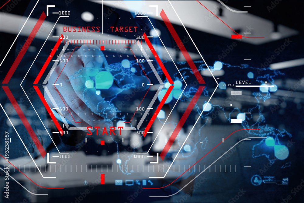 Poster double exposure of businessman working with new modern computer show social network structure