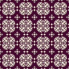 Seamless burgundy background with light pattern in baroque style. Vector retro illustration. Ideal for printing on fabric or paper for wallpapers, textile, wrapping.
