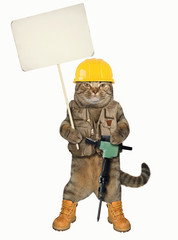 The cat worker with a jack hammer holds a blank banner. White backgroun © iridi66