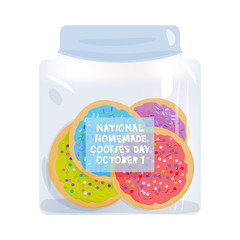 Frosted sugar cookies, National homemade cookies day October 1, Italian Freshly baked cookies in jar with pink violet blue green frosting and colorful sprinkles isolated on white background. Vector
