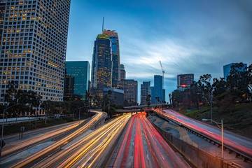 Fototapeta na wymiar Downtown Los Angeles, California, USA skyline with trail lights