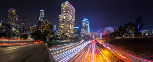 Downtown Los Angeles, California, USA skyline with trail lights