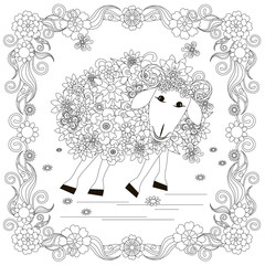 Flowers sheep in frame monochrome sketch, coloring page anti-stress stok vector illustration for print, for coloring page