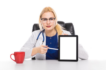 Woman head physician in white coat with tablet