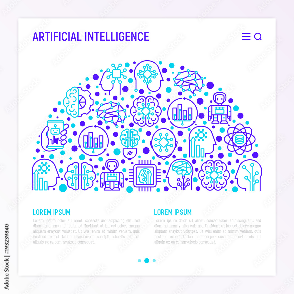Aufkleber artificial intelligence concept in half circle with thin line icons: robot, brain, machine learning,