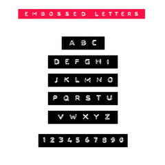 Embossed letters tape font. Vintage adhesive label type. Vector alphabet. - 193239829