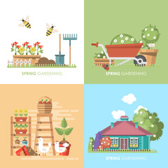 Spring gardening vector flat illustration in pastel colors with garden appliances