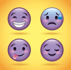 smiley set purple face with emotions facial expression funny cartoon character vector illustration
