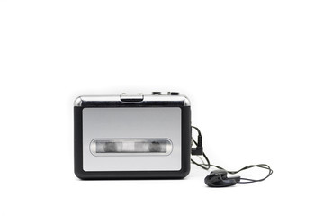 Portable Tape Player with earphones isolated on white background