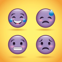 smiley set purple face with emotions facial expression funny cartoon character vector illustration