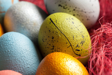 Happy easter! Easter eggs on wooden background
