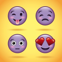 smiley set purple face with emotions facial expression funny cartoon character vector illustration