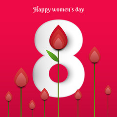 Happy Women's Day concept design in minimalistic trendy paper cut style. Modern holiday background to March 8 for greeting card, banner, cover. Vector illustration.