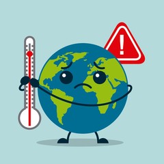 kawaii earth planet sad with thermometer warning vector illustration