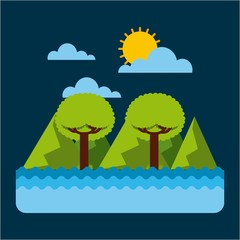 green landscape tree mountain water sky vector illustration