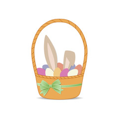 Bunny and eggs in basket. Vector illustration on a white background