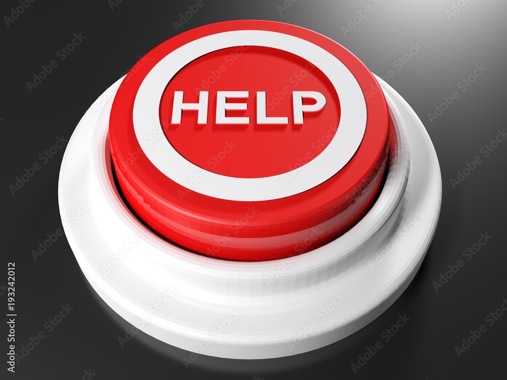 Poster red pushbutton for help - 3d rendering
