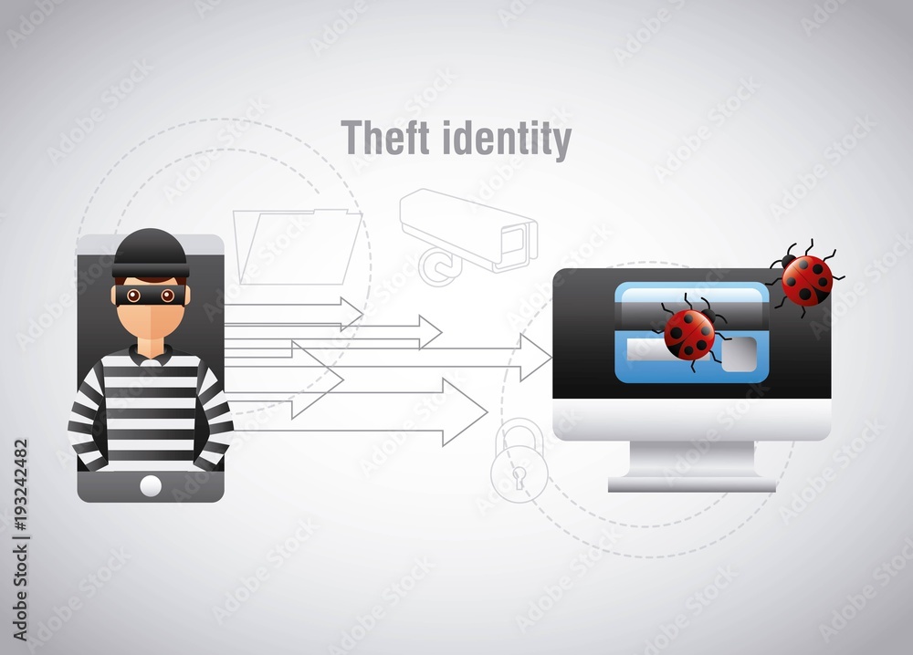Poster theft identity hacker mobile computer virus vector illustration