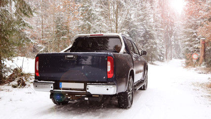 blauer Pickup im verschneiten Wald