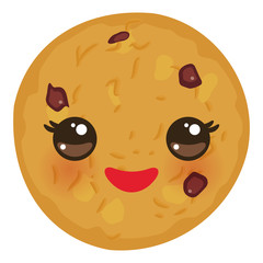Kawaii Chocolate chip cookie Freshly baked isolated on white background. Cute face with pink cheeks and eyes. Bright colors. Vector