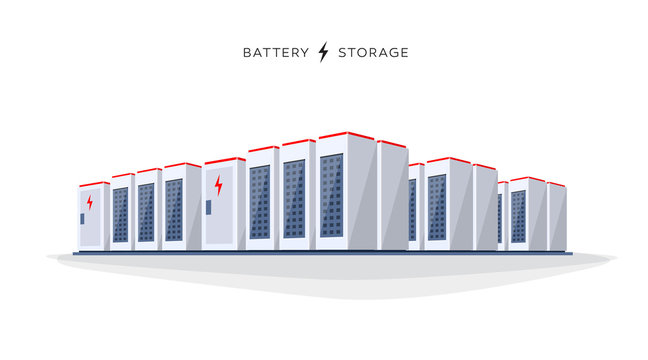 Vector illustration of large rechargeable lithium-ion battery energy storage stationary for renewable electric power stations. Backup power energy storage cloud server system on white background.