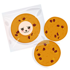 Hand made Chocolate chip cookie, Freshly baked Four cookies in transparent plastic package isolated on white background. Bright colors. Vector