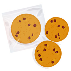 Fototapeta premium Chocolate chip cookie, Freshly baked Four cookies in transparent plastic package isolated on white background. Bright colors. Vector