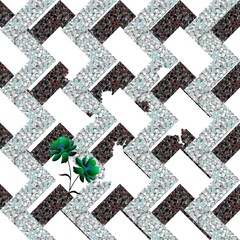 Collapsing metal abstract labyrinth and small tender green flowers on white background. Seamless vector pattern.